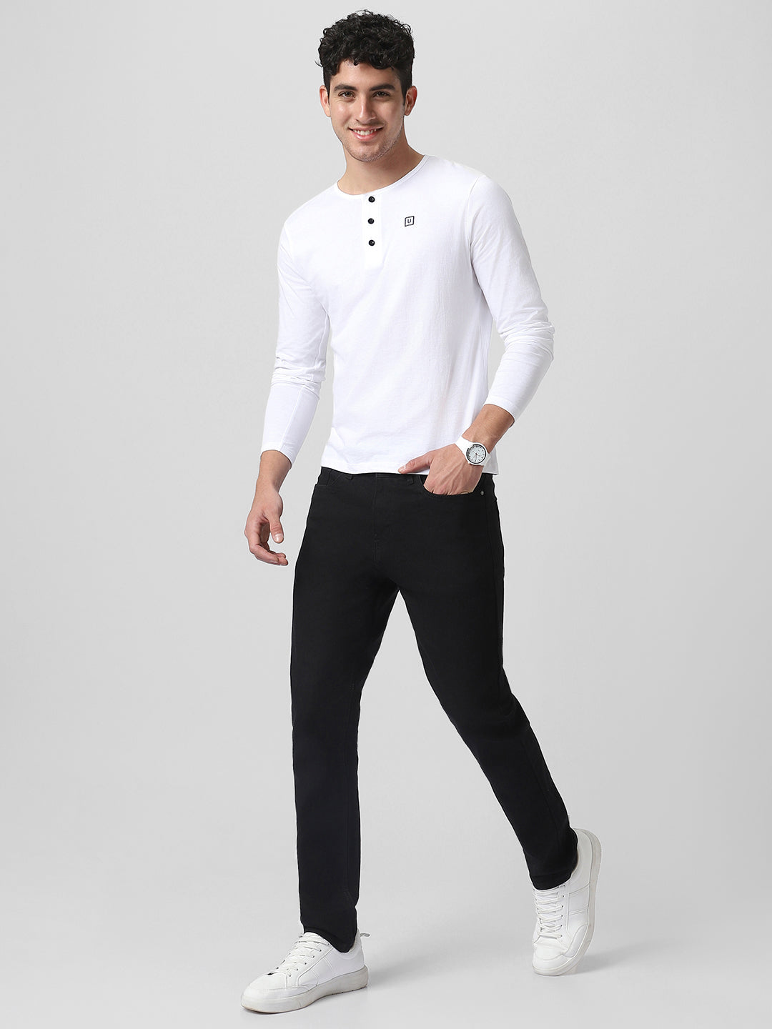 Men's White Solid Henley Neck Slim Fit Cotton T-Shirt