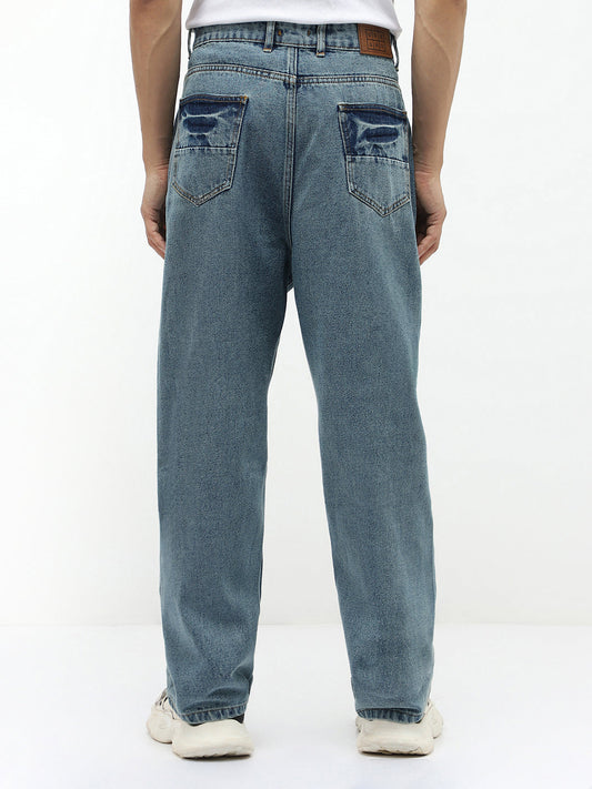 Men's Light Blue Loose Baggy Fit Washed Jeans Non-Stretchable