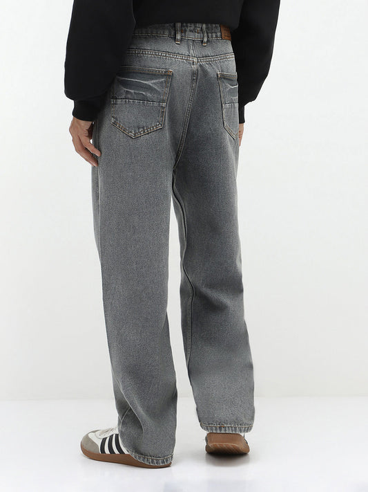 Men's Light Grey Loose Baggy Fit Washed Jeans Non-Stretchable