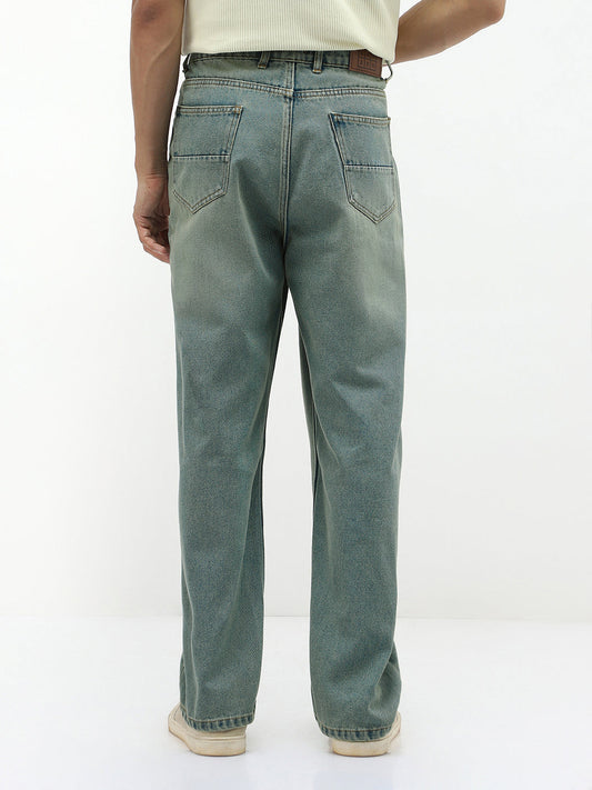 Men's Ice Blue Loose Baggy Fit Heavy Washed Jeans Non-Stretchable