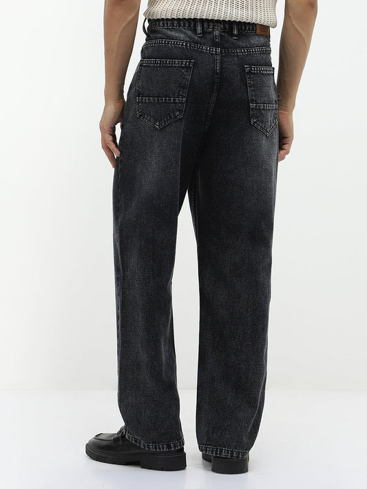 Men's Black Loose Baggy Fit Heavy Washed Jeans Non-Stretchable