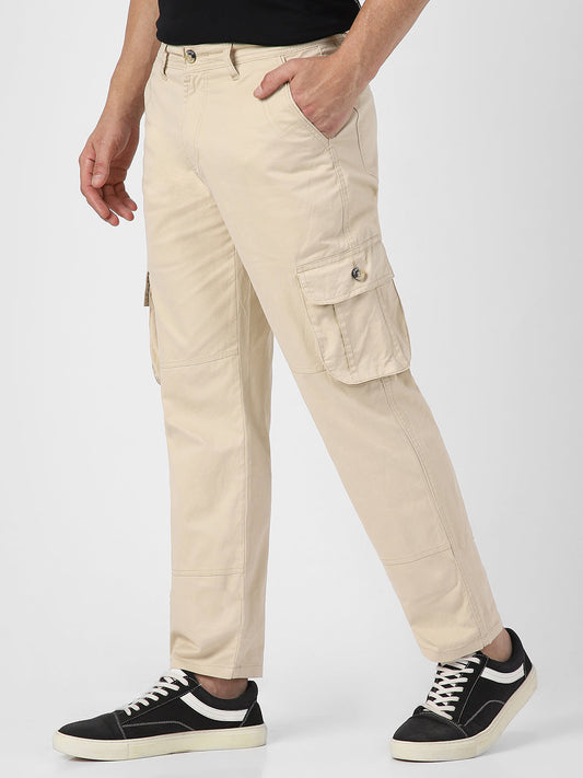 Men's Cream Regular Fit Solid Cargo Chino Pant with 6 Pockets