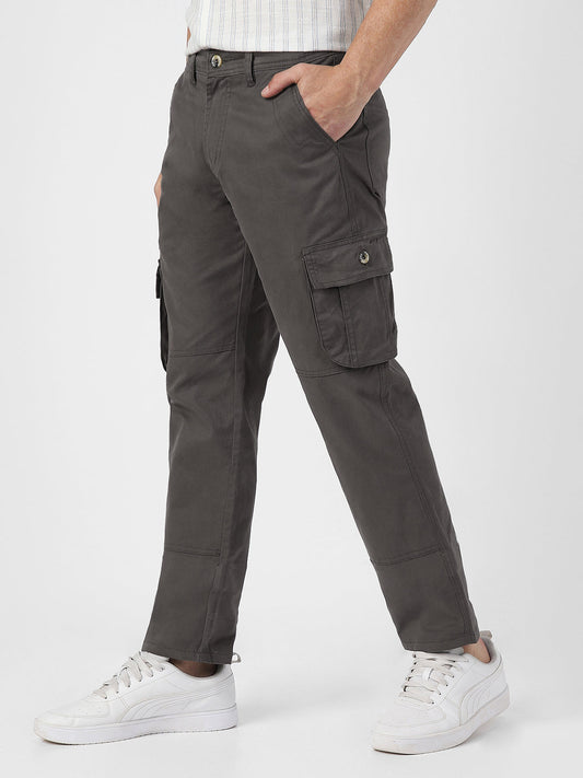 Men's Dark Grey Regular Fit Solid Cargo Chino Pant with 6 Pockets