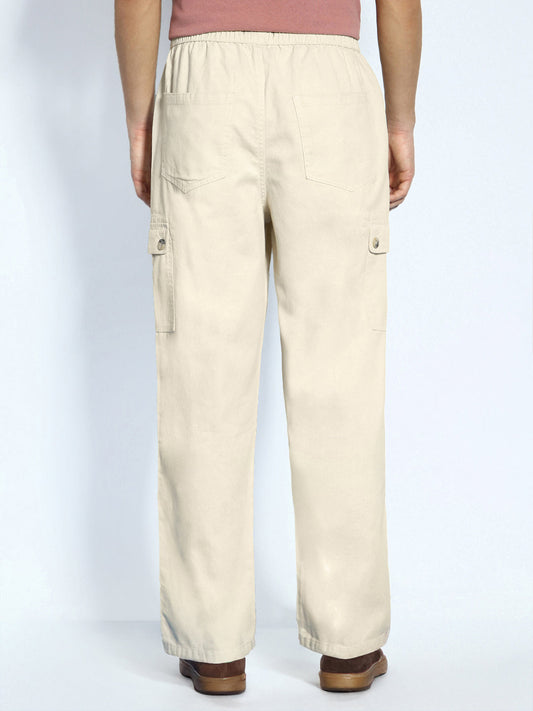 Men's Cream Loose Baggy Fit Cargo Jogger Chino Pant with 6 Pockets Stretchable