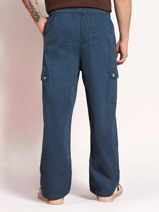 Men's Denim Blue Loose Baggy Fit Cargo Jogger Chino Pant with 6 Pockets Stretchable