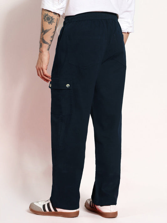 Men's Navy Loose Baggy Fit Cargo Jogger Chino Pant with 6 Pockets Stretchable