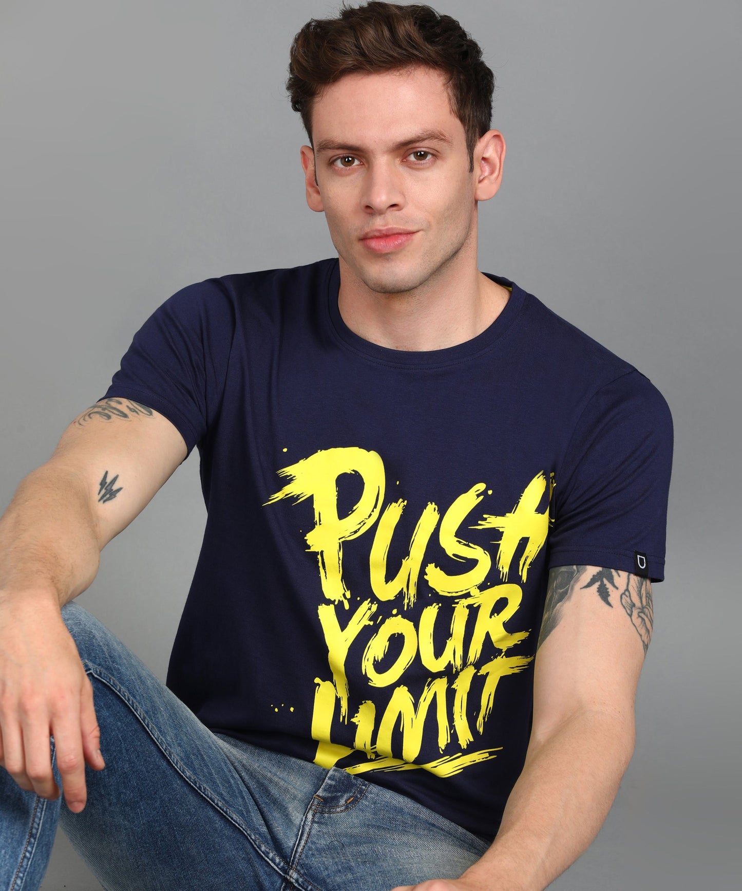 Urbano Fashion Men's Dark Blue Graphic Printed Round Neck Half Sleeve Slim Fit Cotton T-Shirt