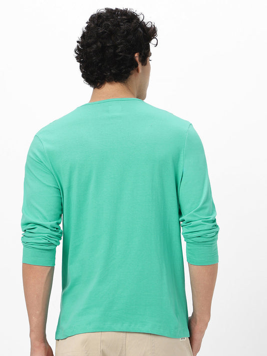 Men's Teal Green Solid Henley Neck Slim Fit Full Sleeve Cotton T-Shirt