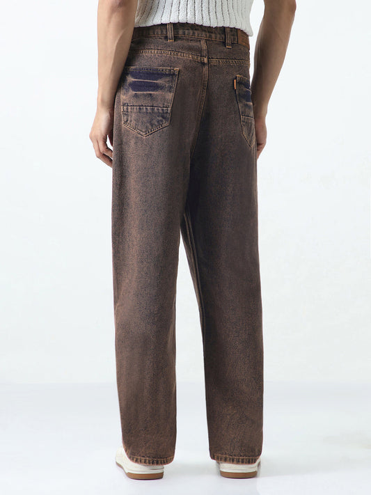 Men's Light Brown Loose Baggy Fit Washed Jeans Non-Stretchable