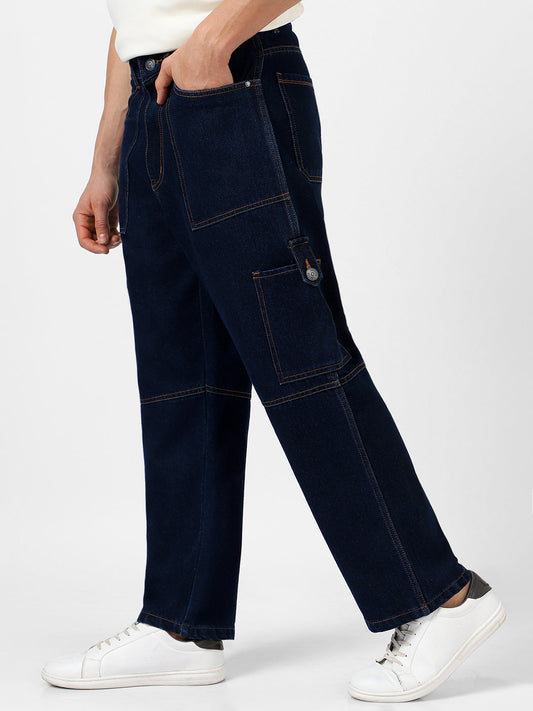 Men's Dark Blue Loose Baggy Fit Washed Cargo Jeans with 6 Pockets Non-Stretchable