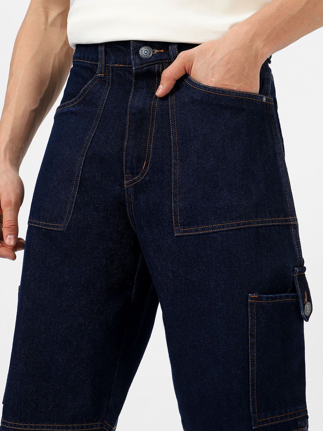 Men's Dark Blue Loose Baggy Fit Washed Cargo Jeans with 6 Pockets Non-Stretchable