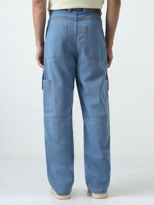 Men's Light Blue Loose Baggy Fit Washed Cargo Jeans with 6 Pockets Non-Stretchable