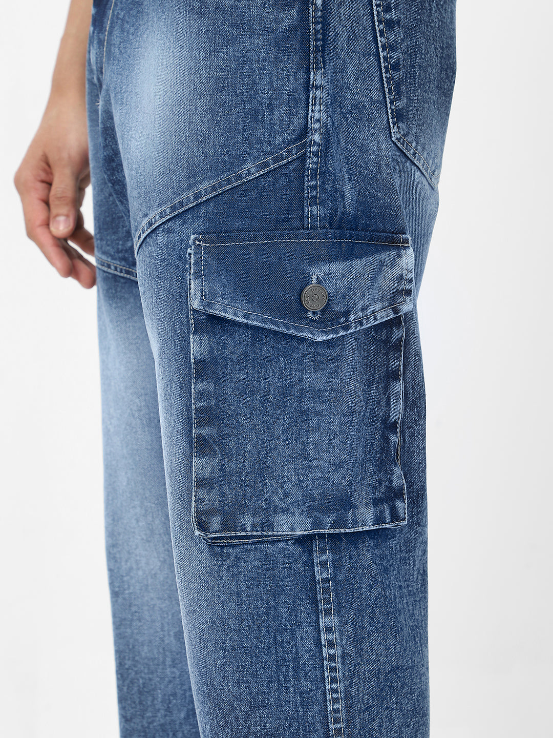Men's Blue Loose Baggy Fit Washed Cargo Jeans with 7 Pockets Non-Stretchable