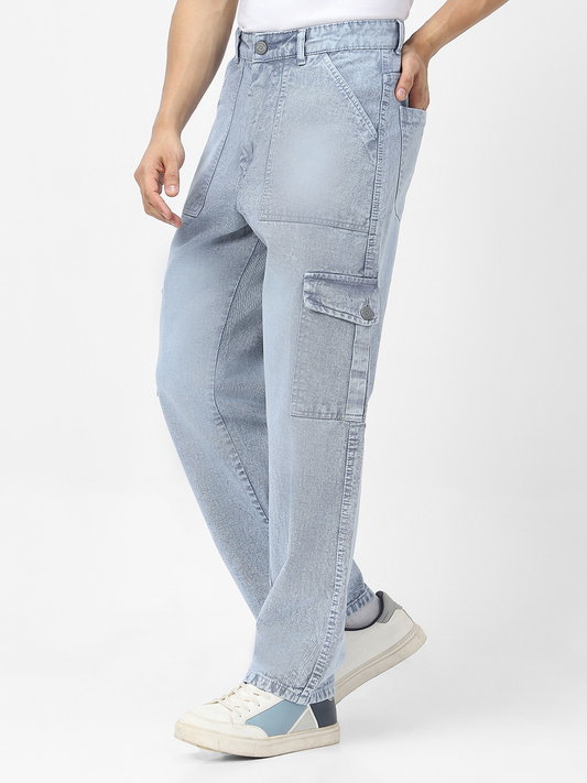 Men's Light Grey Loose Baggy Fit Washed Cargo Jeans with 6 Pockets Non-Stretchable