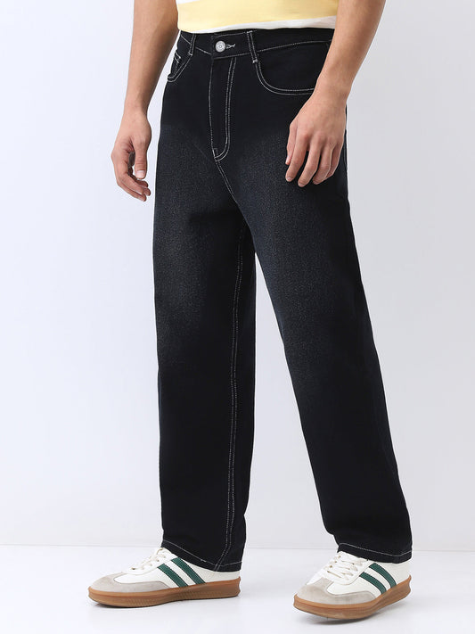 Men's Black Loose Baggy Fit Washed Jeans Non-Stretchable
