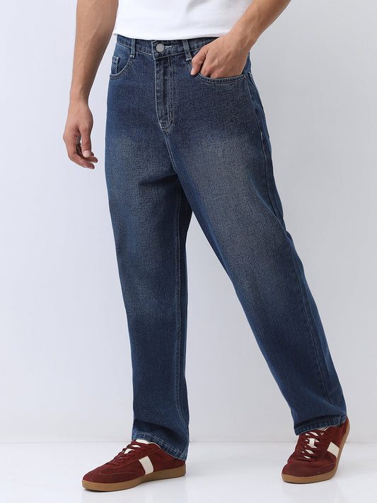 Men's Blue Loose Baggy Fit Washed Jeans Non-Stretchable