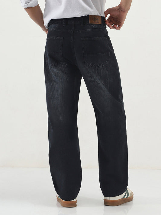 Men's Black Loose Baggy Fit Washed Denim Jeans Non-Stretchable