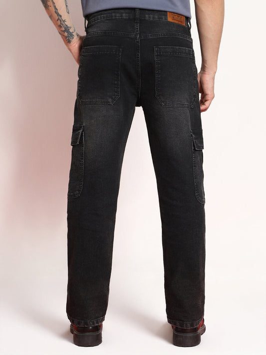 Men's Black Regular Fit Washed Cargo Jeans With 6 Pockets Stretchable