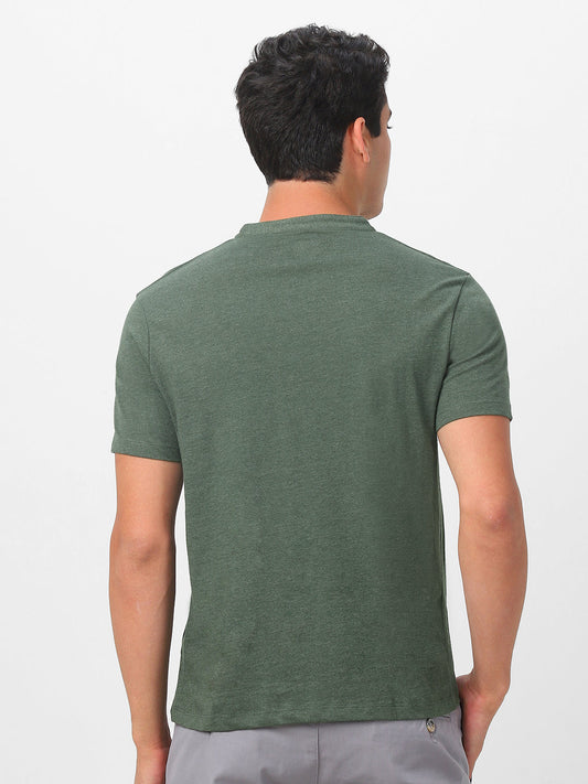 Men's Green Melange Solid Mandarin Collar Slim Fit Half Sleeve Cotton T-Shirt