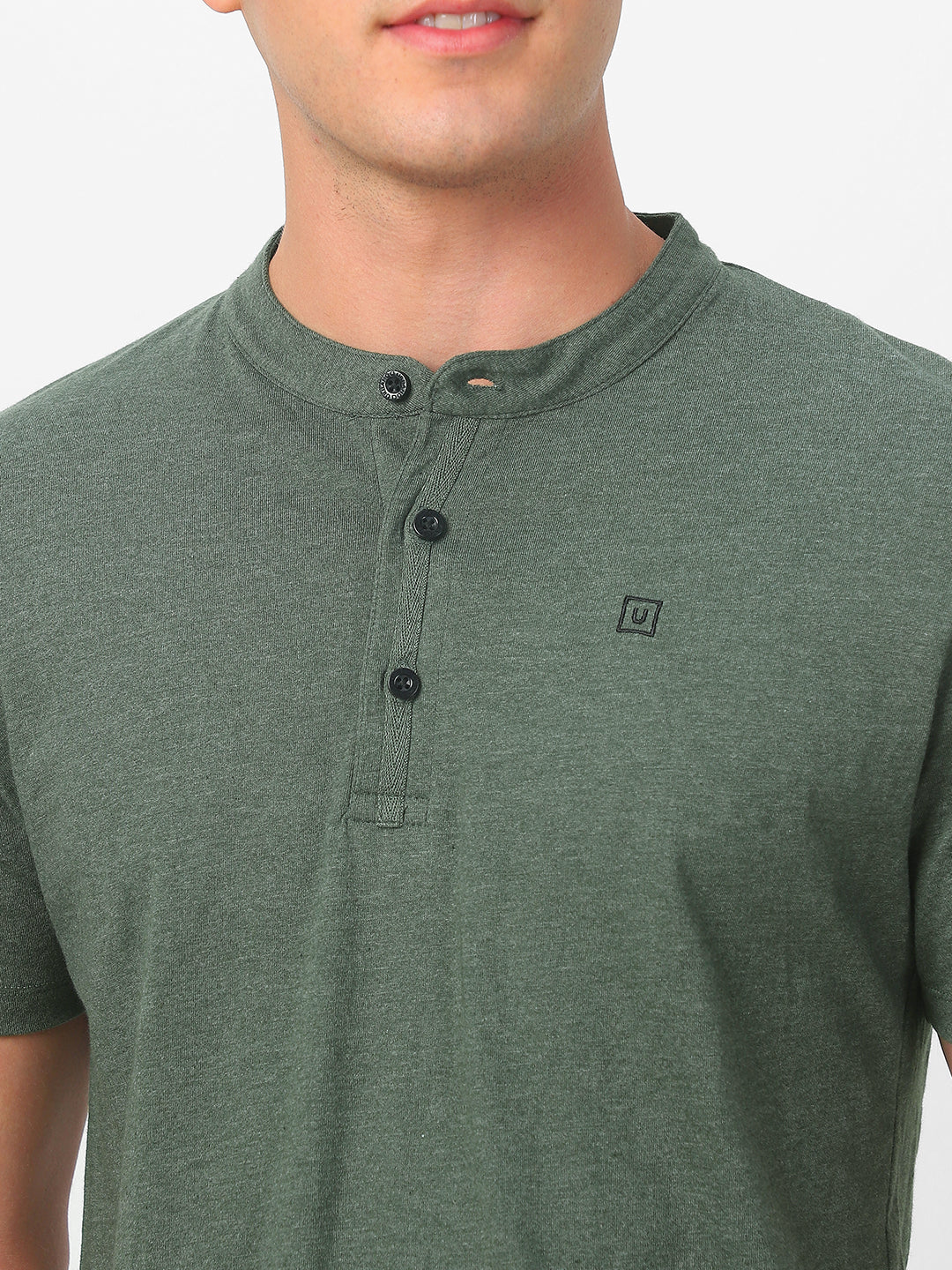 Men's Green Melange Solid Mandarin Collar Slim Fit Half Sleeve Cotton T-Shirt
