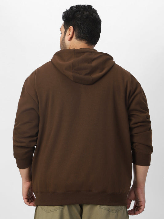 Plus Men's Chocolate Brown Cotton Solid Oversized Hooded Neck Sweatshirt