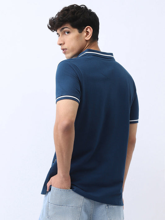 Men's Estate Blue Solid Regular Fit Half Sleeve Cotton Polo T-Shirt