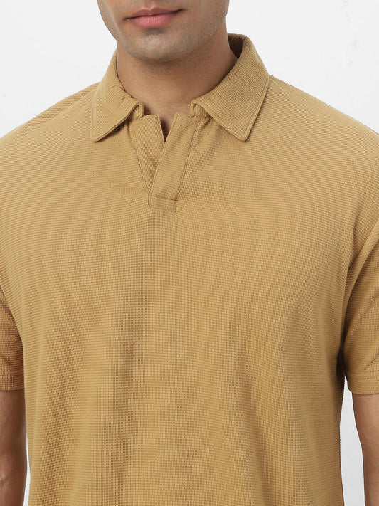Men's Beige Textured Regular Fit Half Sleeve Cotton Polo T-Shirt