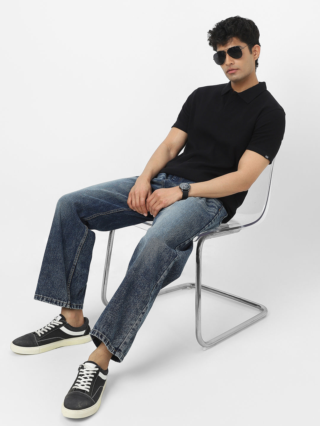 Men's Black Textured Regular Fit Half Sleeve Cotton Polo T-Shirt