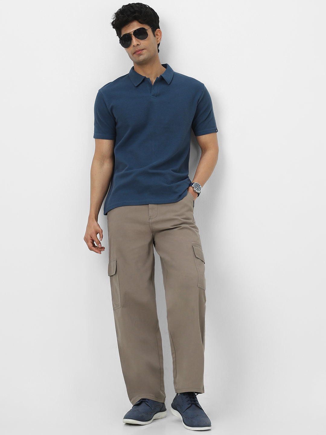 Men's Deep Navy Textured Regular Fit Half Sleeve Cotton Polo T-Shirt