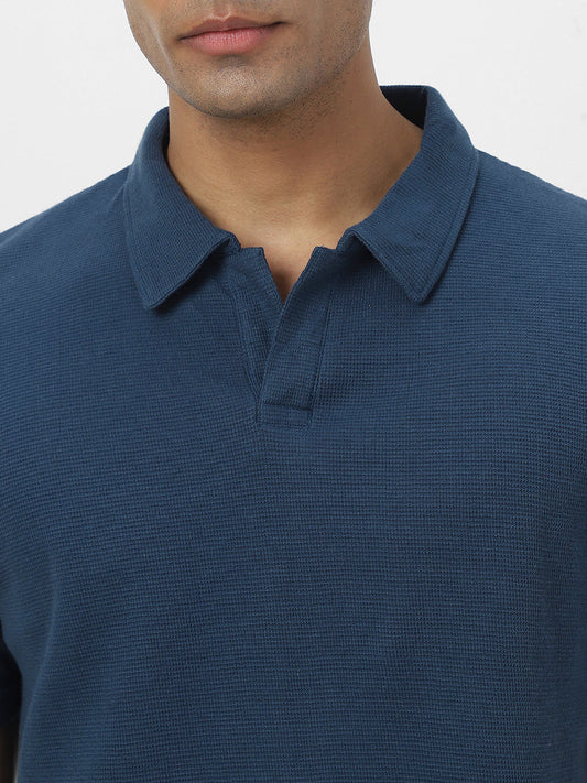 Men's Deep Navy Textured Regular Fit Half Sleeve Cotton Polo T-Shirt