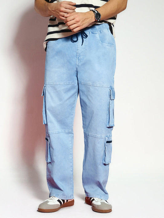 Men's Ice Blue Loose Baggy Fit Travel Cargo Jeans With 8 Pockets Stretchable