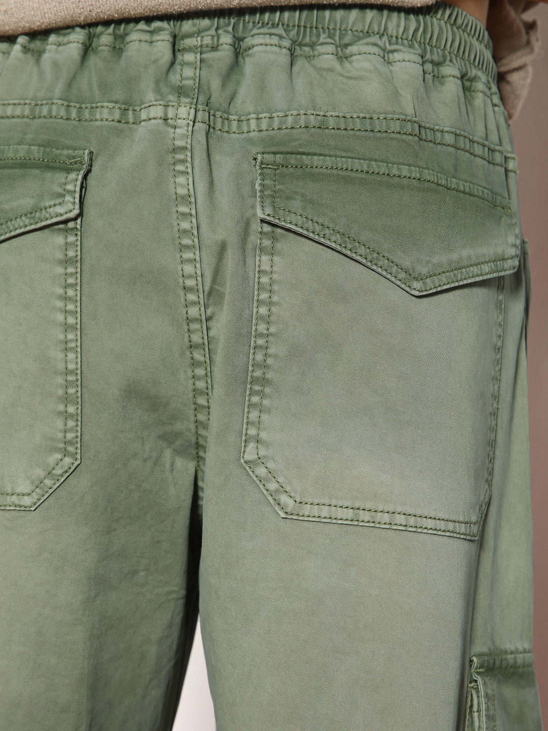 Men's Olive Loose Baggy Fit Travel Cargo Jeans With 8 Pockets Stretchable