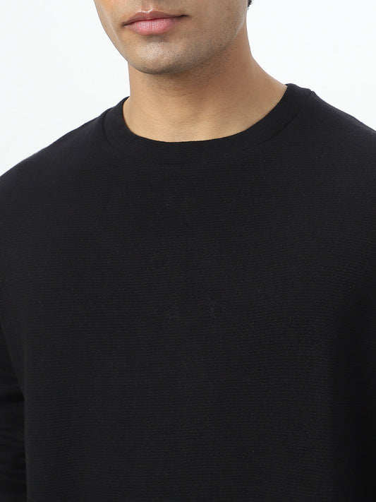 Men's Black Textured Round Neck Oversized Full Sleeve Cotton T-Shirt