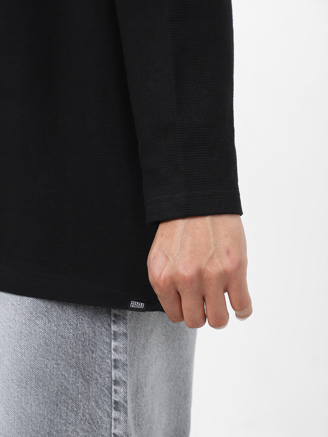 Men's Black Textured Round Neck Oversized Full Sleeve Cotton T-Shirt