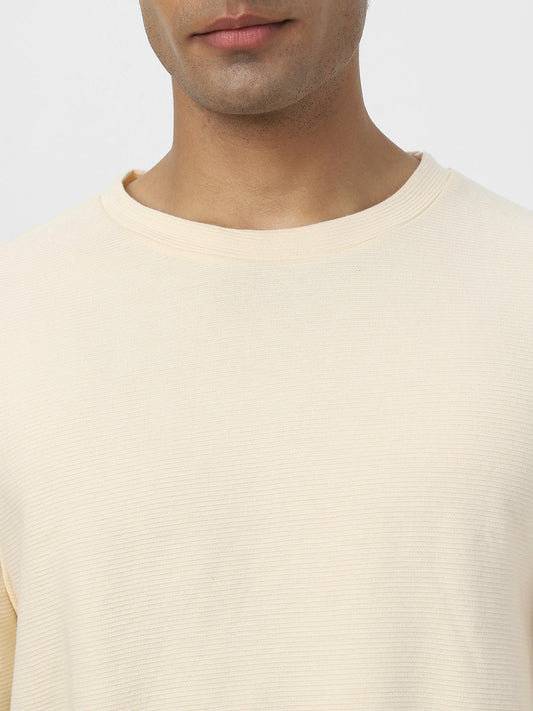 Men's Cloud Cream Textured Round Neck Oversized Full Sleeve Cotton T-Shirt
