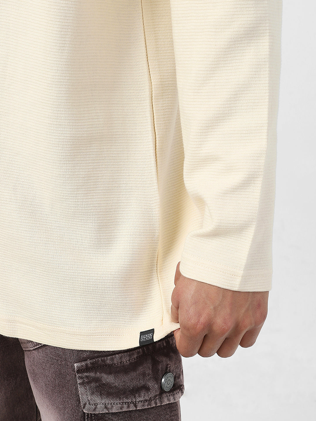 Men's Cloud Cream Textured Round Neck Oversized Full Sleeve Cotton T-Shirt