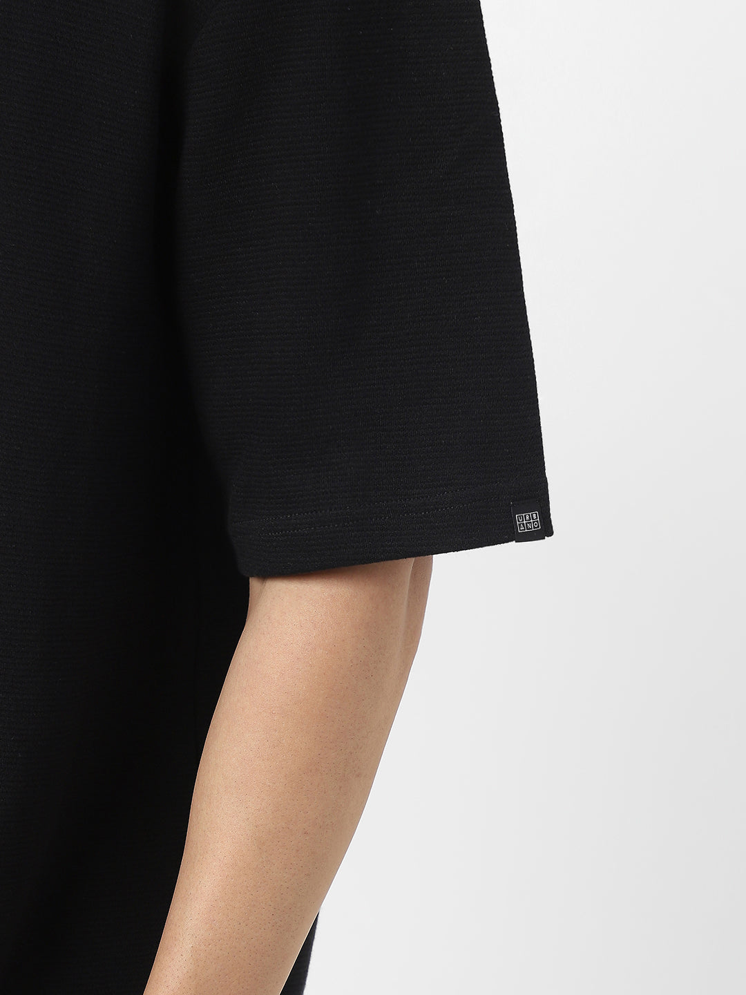 Men's Black Textured Round Neck Oversized Half Sleeve Cotton T-Shirt