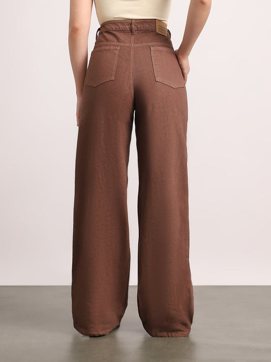 Women's Brown High Rise Loose Baggy Fit Washed Jeans Non-Stretchable