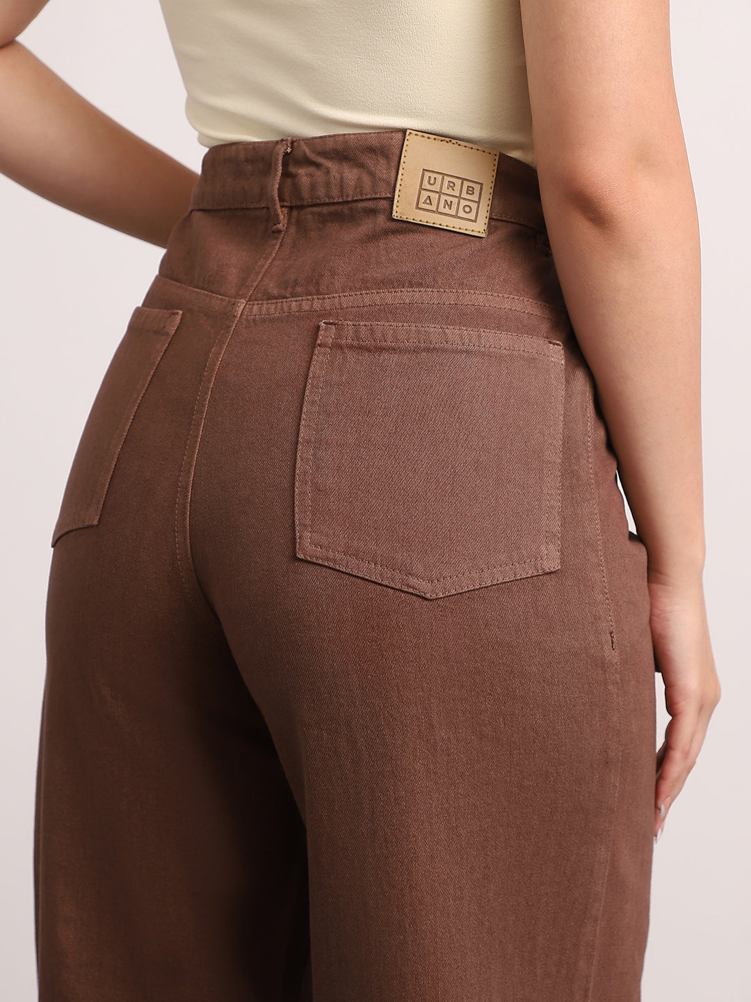 Women's Brown High Rise Loose Baggy Fit Washed Jeans Non-Stretchable