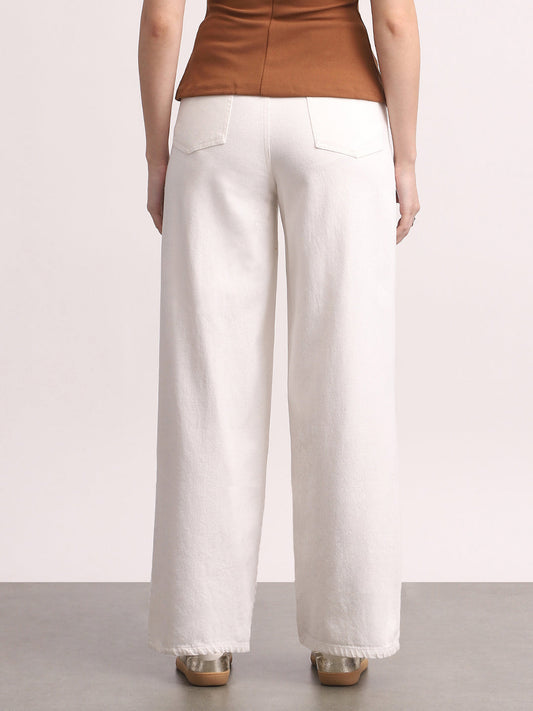 Women's White High Rise Loose Baggy Fit Washed Jeans Non-Stretchable