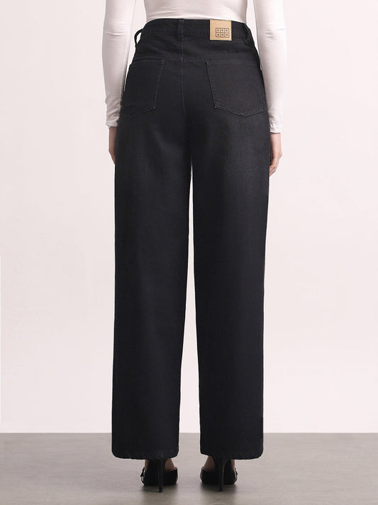 Women's Black High Rise Loose Baggy Fit Washed Jeans Non-Stretchable