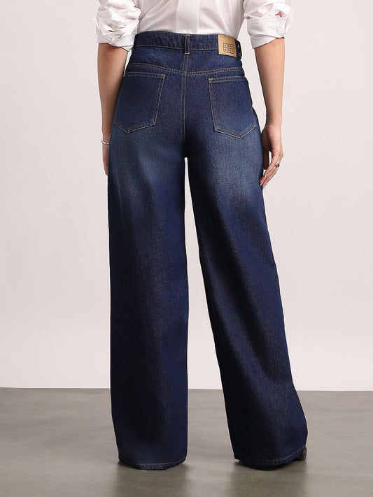 Women's Dark Blue High Rise Loose Baggy Fit Washed Jeans Non-Stretchable