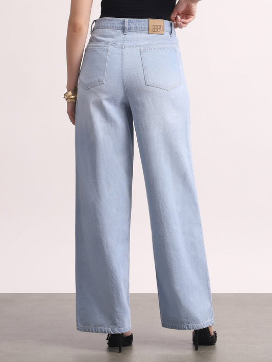 Women's Ice Blue High Rise Loose Baggy Fit Washed Jeans Non-Stretchable