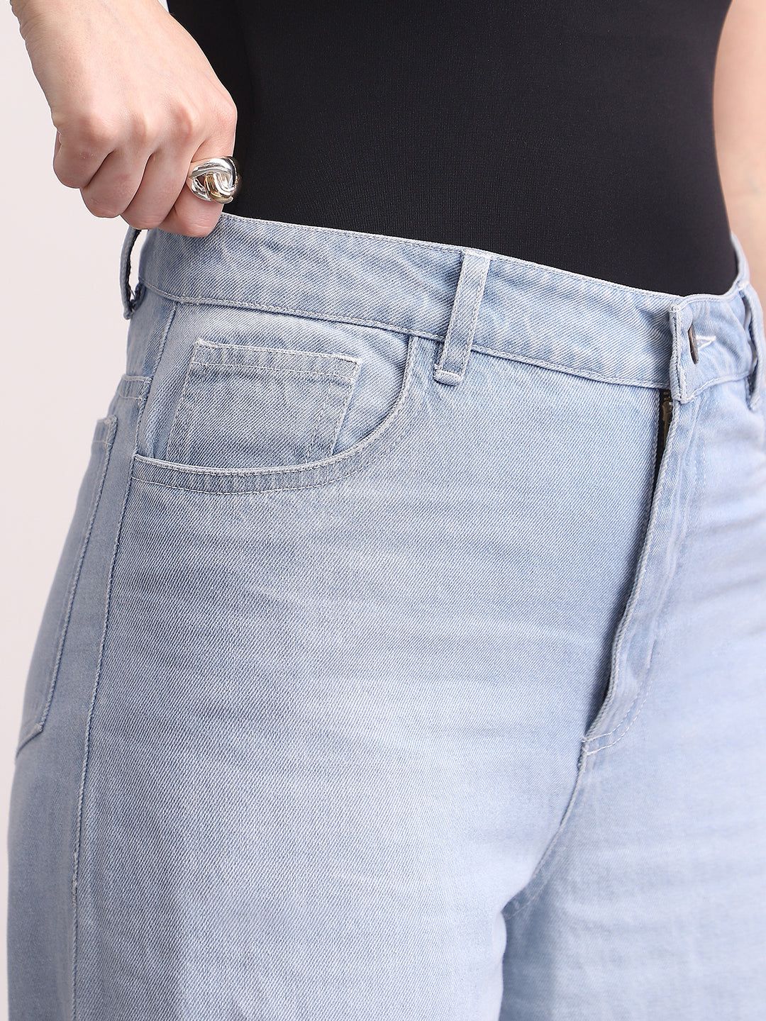 Women's Ice Blue High Rise Loose Baggy Fit Washed Jeans Non-Stretchable