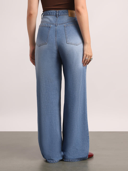 Women's Light Blue High Rise Loose Baggy Fit Washed Jeans Non-Stretchable