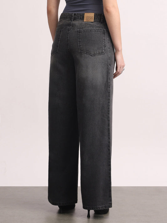 Women's Grey High Rise Loose Baggy Fit Washed Jeans Non-Stretchable