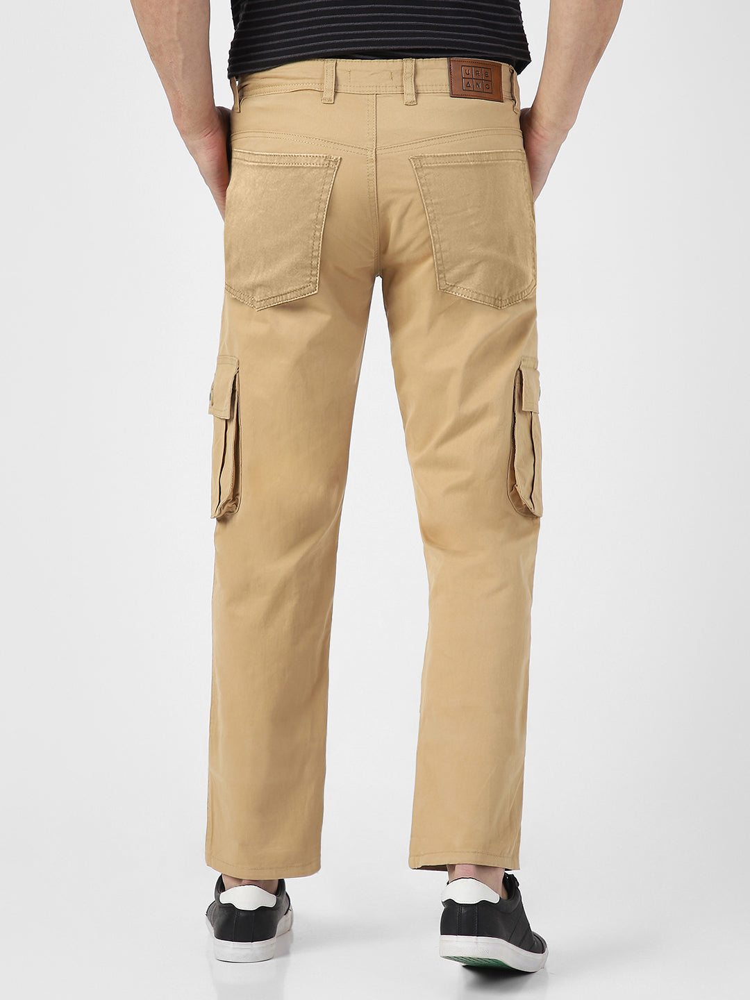Men's Beige Regular Fit Solid Cargo Chino Pant with 6 Pockets