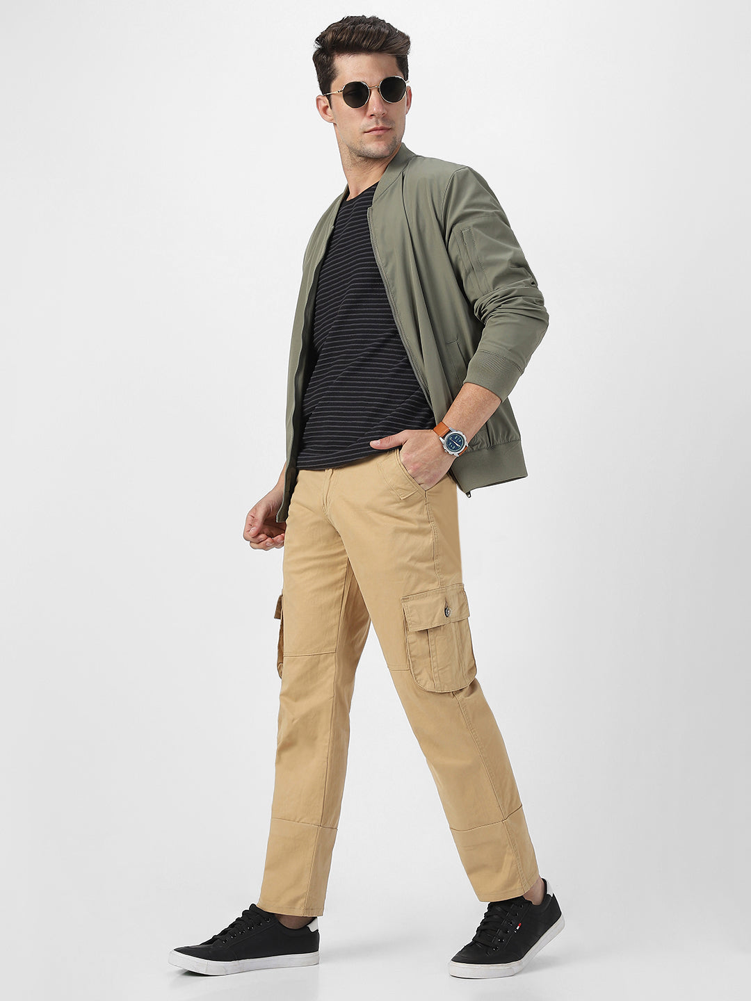 Men's Beige Regular Fit Solid Cargo Chino Pant with 6 Pockets