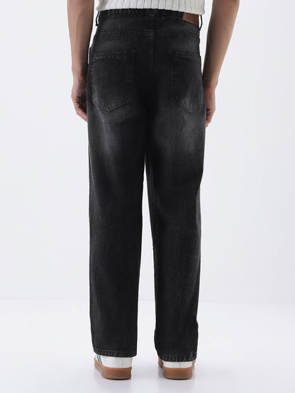 Men's Black Loose Baggy Fit Cut and Sew Panelled Jeans Non-Stretchable