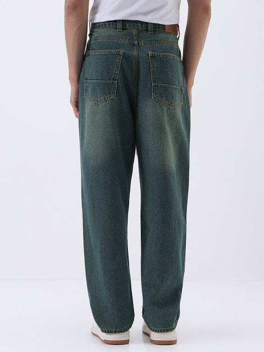 Men's Light Blue Loose Baggy Fit Heavy Washed Jeans Non-Stretchable